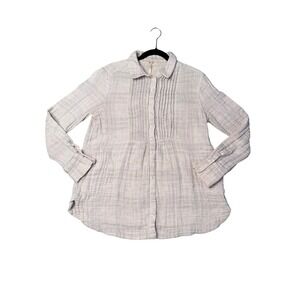 Free People Button Down Women Medium Grey Beige Excellent Gauze Pintuck Plaid